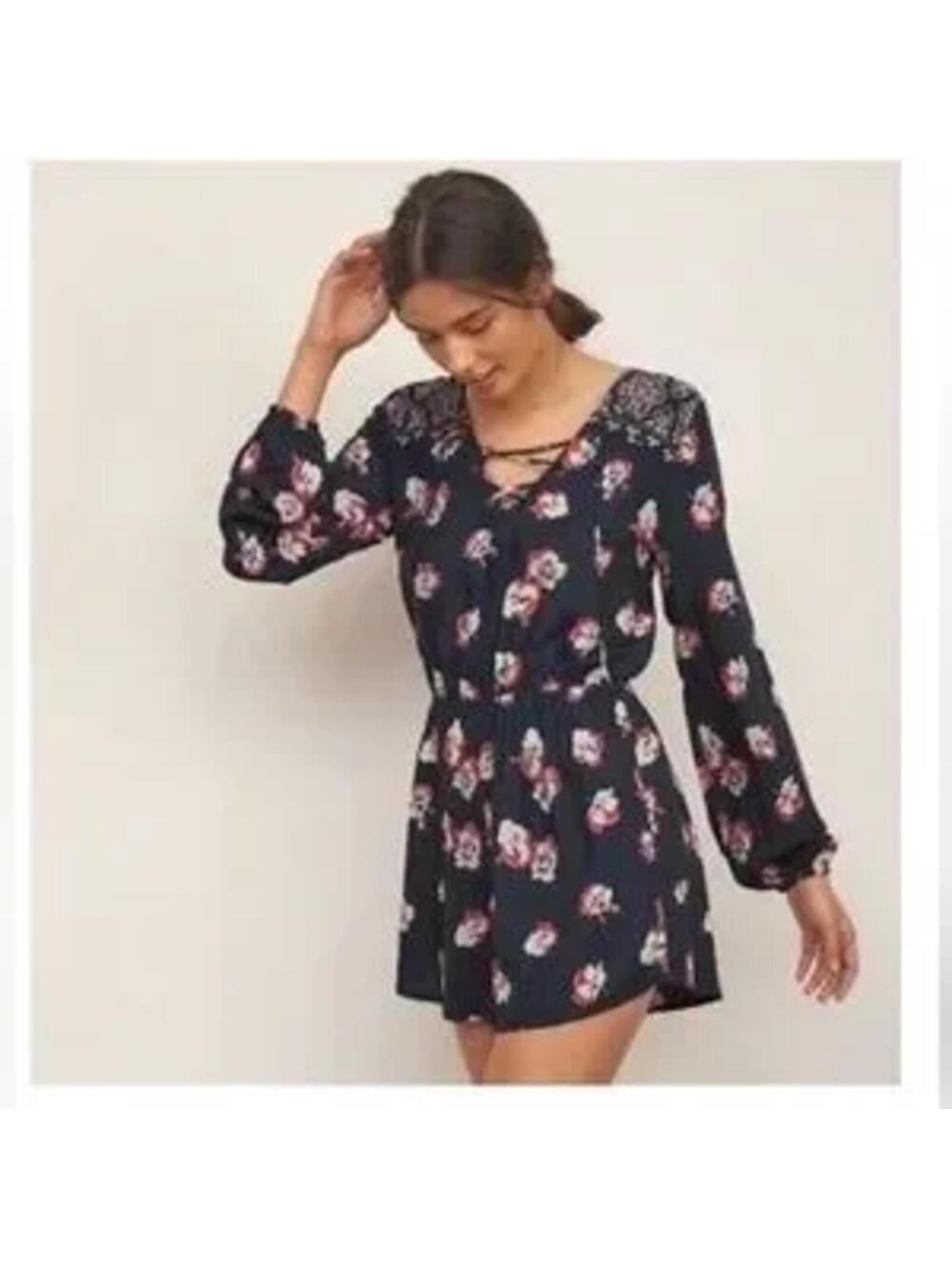 Abercrombie & Fitch Floral Long Sleeve Romper Navy M V-Neck Button Elastic Waist